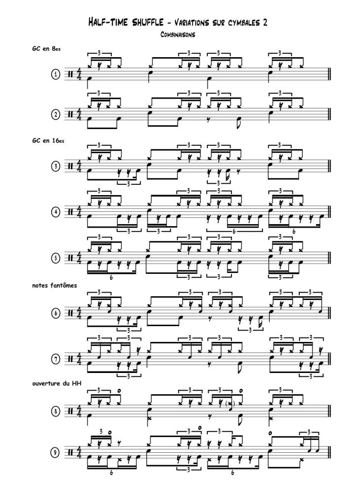 Extrait partition du Livre de La Batterie, volume 4 : Half-time shuffle - variations sur cymbales